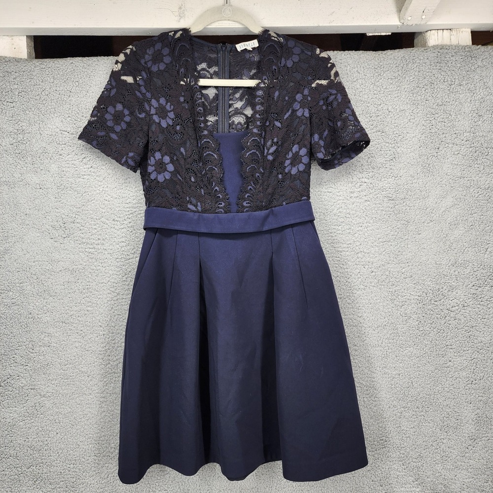 CLAUDIE PIERLOT Women's Size 38 (US 8) Navy Blue Lace Overlay‎ Fit Flare Dress